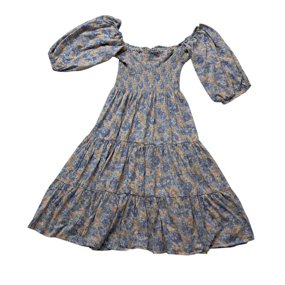 Polo Ralph Lauren Dress Women's Medium Blue Midi Floral Puff‎ Sleeve Cottagecore